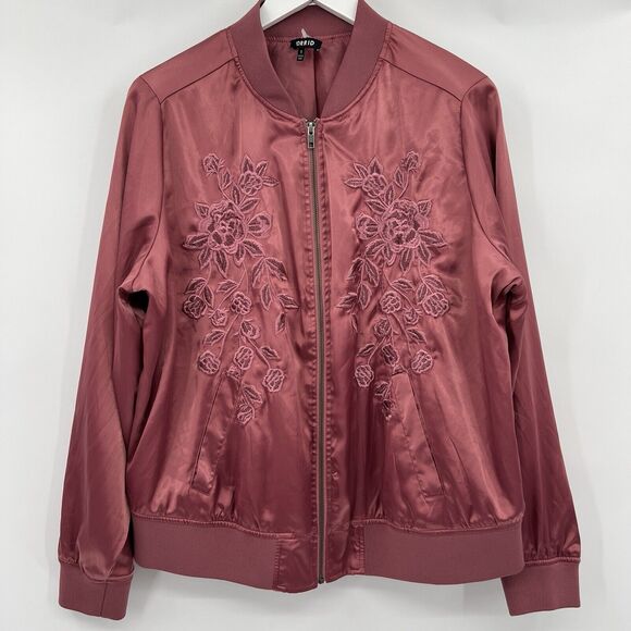 Torrid Satin Zip Bomber Jacket Embroidered Floral Rose Pink Boho Plus Size 1X - Picture 3 of 11